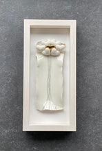 Load image into Gallery viewer, Handmade framed ceramic artwork featuring white heart shapes in a floating balloon design with a central gold heart in a wooden box frame behind glass.