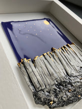 Load image into Gallery viewer, Close-up of handcrafted ceramic wall piece with royal blue background and gold lustre.
