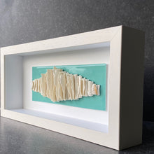 Load image into Gallery viewer, Angled view of a handcrafted ceramic artwork with layered scroll forms, turquoise background, and gold detail.

